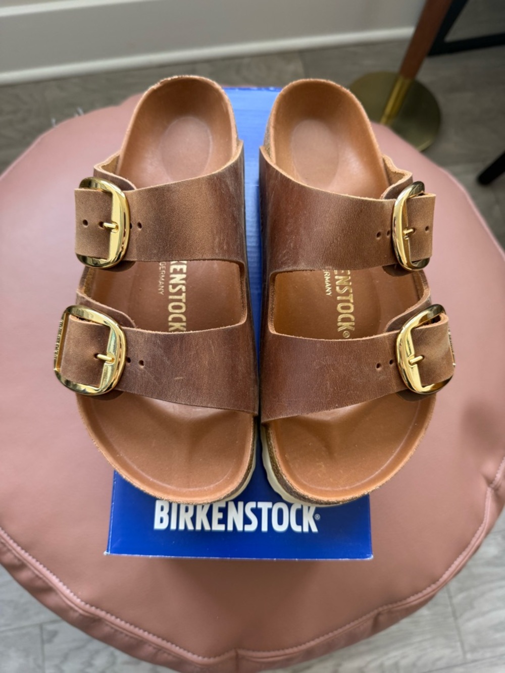 Birkenstock Arizona Sandals in Cognac Oiled Leather with Gold Buckles - Picture 4 of 4